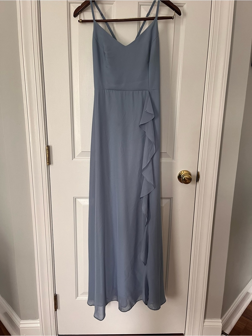 Birdy Grey Light Blue Spaghetti Strap Ruffle Maxi Dress